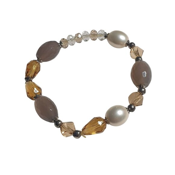 Faceted Bead Stretch Bracelet Neutral Tones Yellow Gray Pearl Jewelry Mom Gift - Picture 1 of 4